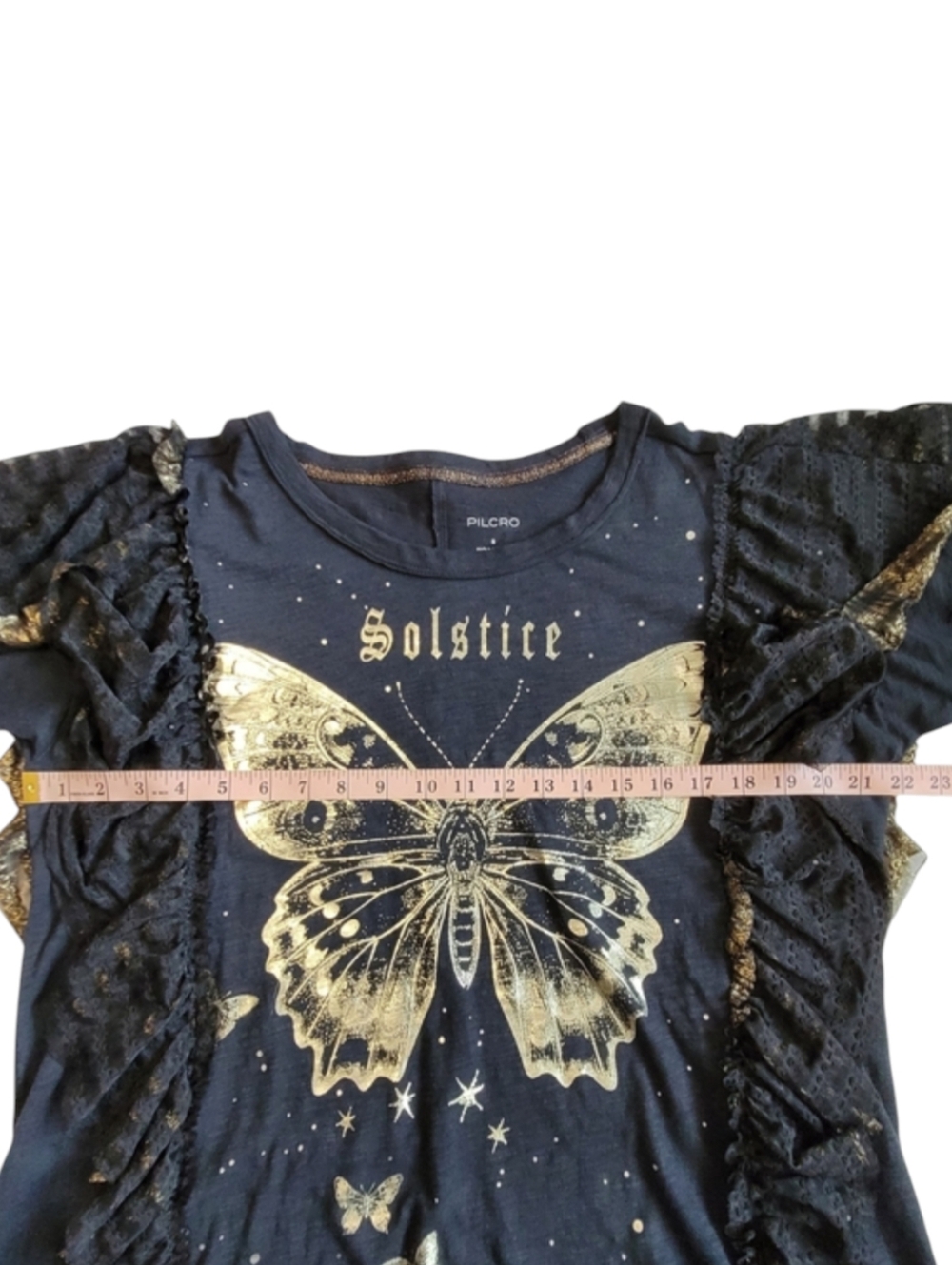Anthropologie Pilcro Solstice Butterfly Tee Black Gold Lace Flutter Sleeve S - Picture 14 of 15